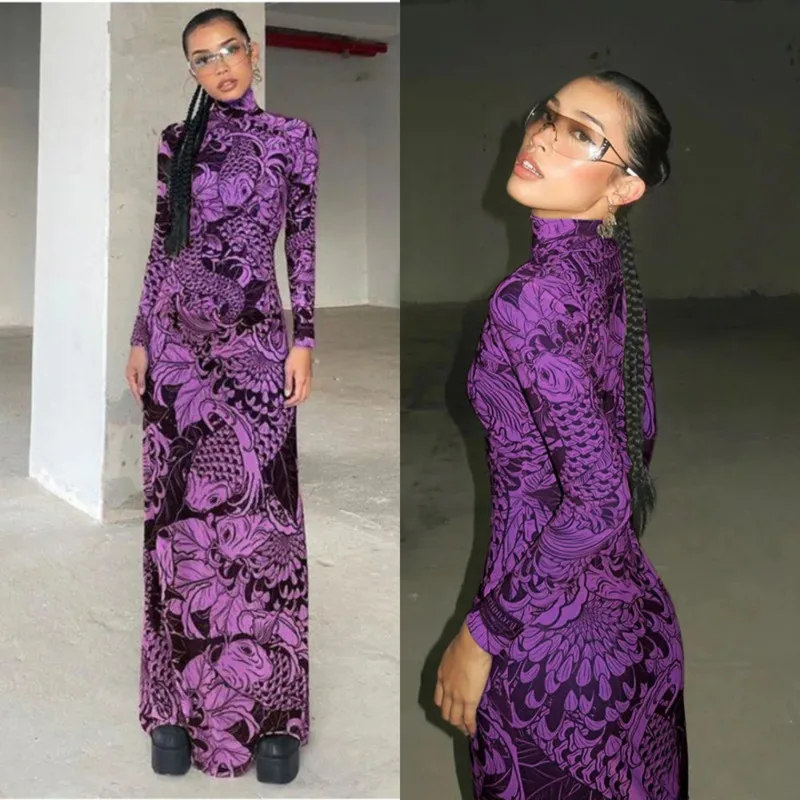 

Vintage Print Mesh Maxi Dress For Women 2025 Trendy Long Sleeve Slim Sheer Bodycon Gown With Stand Neck Elegant Party Outfit New