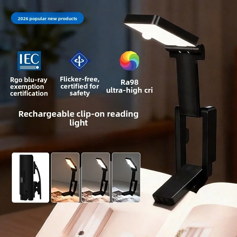 Rechargeable LED Clip On Reading Light, Mini Foldable Portable Book Light, Eye-Caring Desk Lamp for Study
