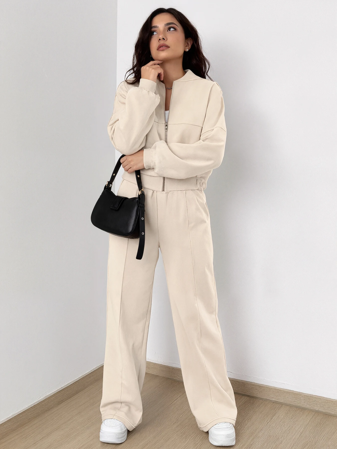 Novo conjunto feminino de duas peças esportivas e de lazer de cor sólida, lavável à máquina, adequado para uso diário