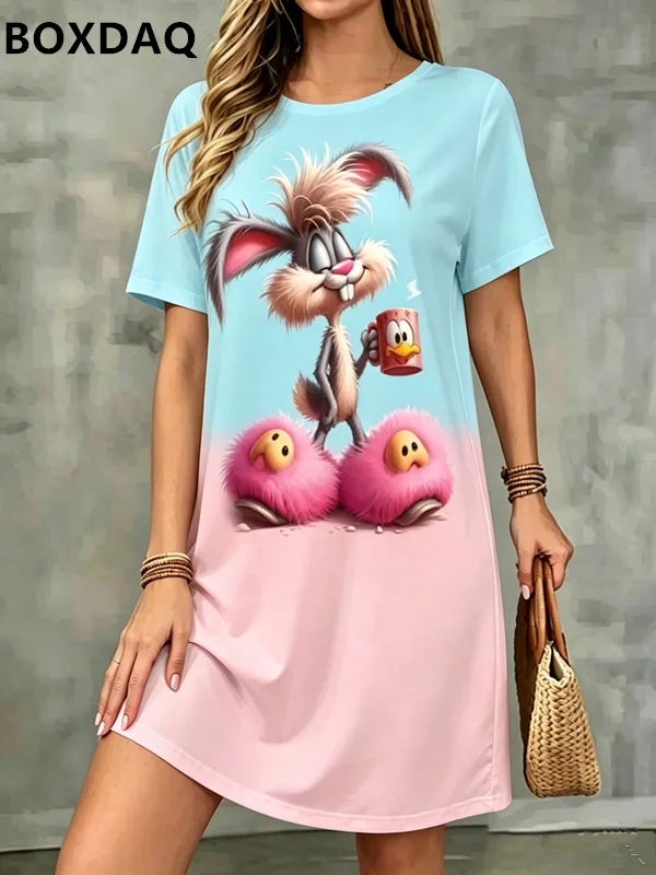 

Summer women's short sleeve dress Cute rabbit pattern Loose Casual A-Line Dress Home Sleeping Dress