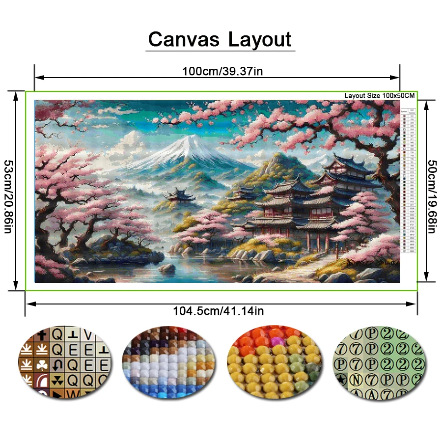 Fullcang Fuji Mountain Cherry Blossom Tree Temple Large Size Diy Diamond Painting Kits Landscape Full Mosaic Embroidery Picture