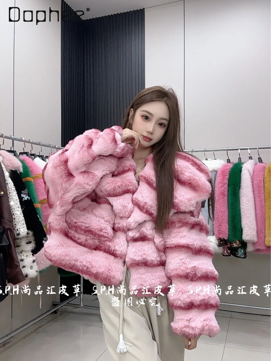 Trendy Patchwork Color Striped Large Lapel Short Plush Eco-Friendly Fur Coat High-End Fashion Loose Slimming Short Fur Coats