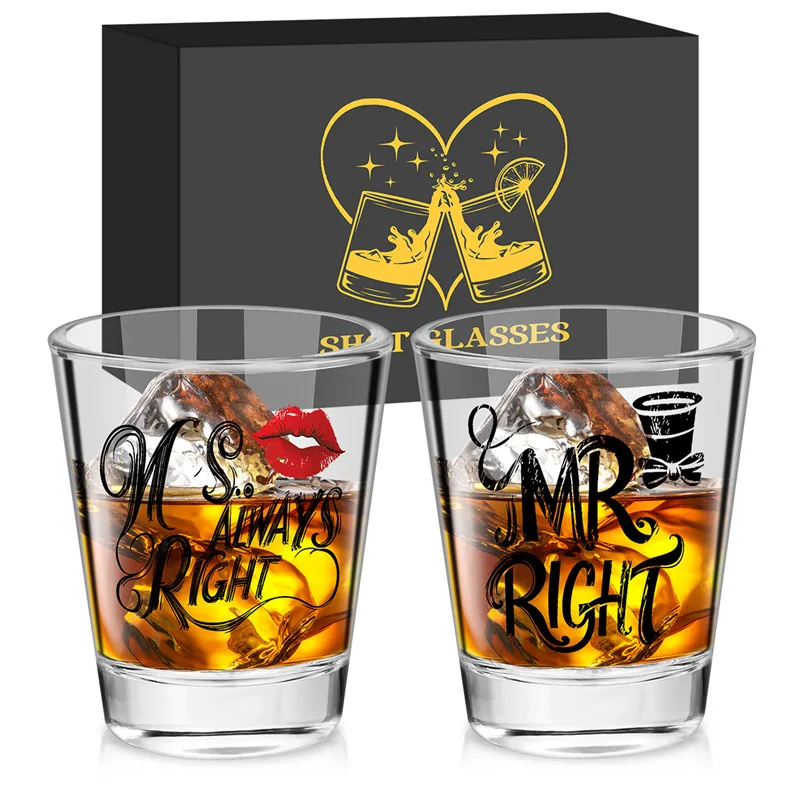 Funny Clear Couple Wine Cup 60ml/2oz Shot Glasses Ms Always Right Mr Right Design Cup Valentine's Day/Anniversary/Wedding Gift