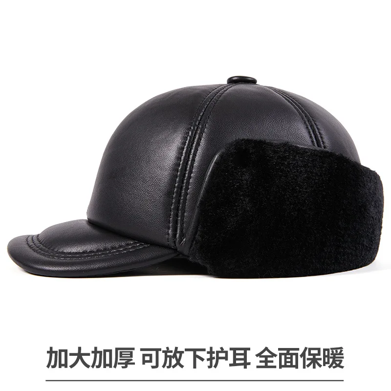 Leather hat men's winter thickened velvet in the elderly thermal cotton sheepskin duck tongue baseball cap Lei Feng hat