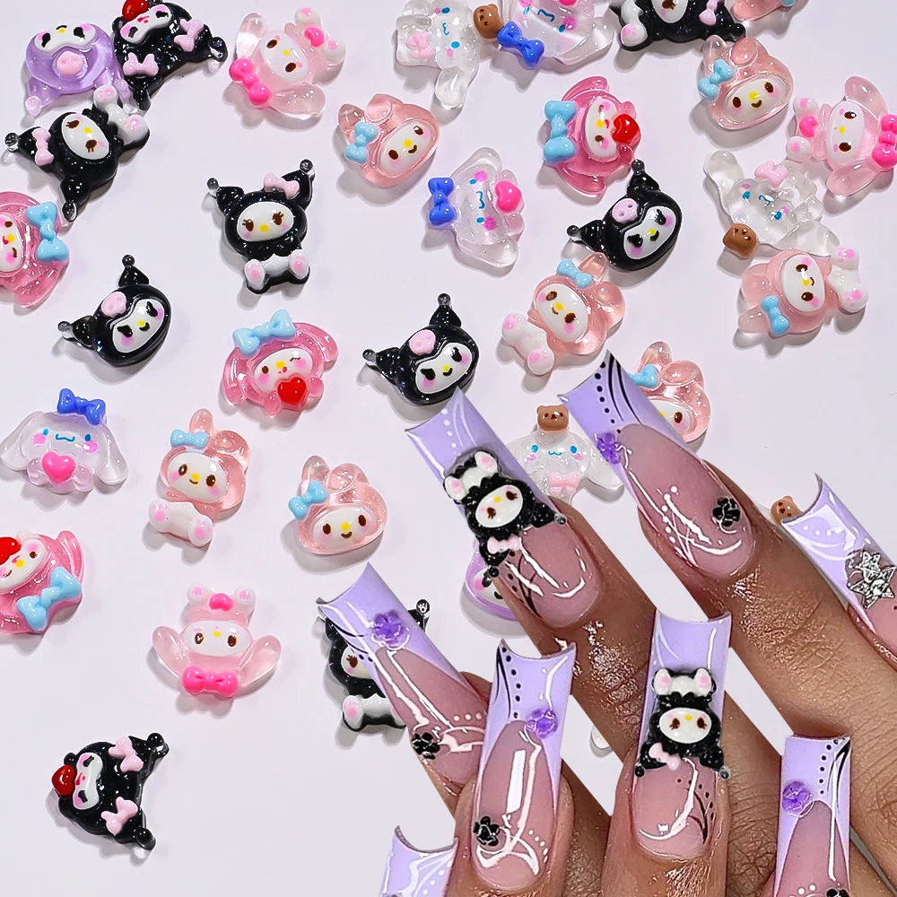 10 griglie (50 pezzi) cartone animato 3D Kuromi/Melody/Cinnamoroll Nail Art Decor Kawaii carino Kuromi e Melody Nail Charm custodia per telefono fai da te parte del chiodo
