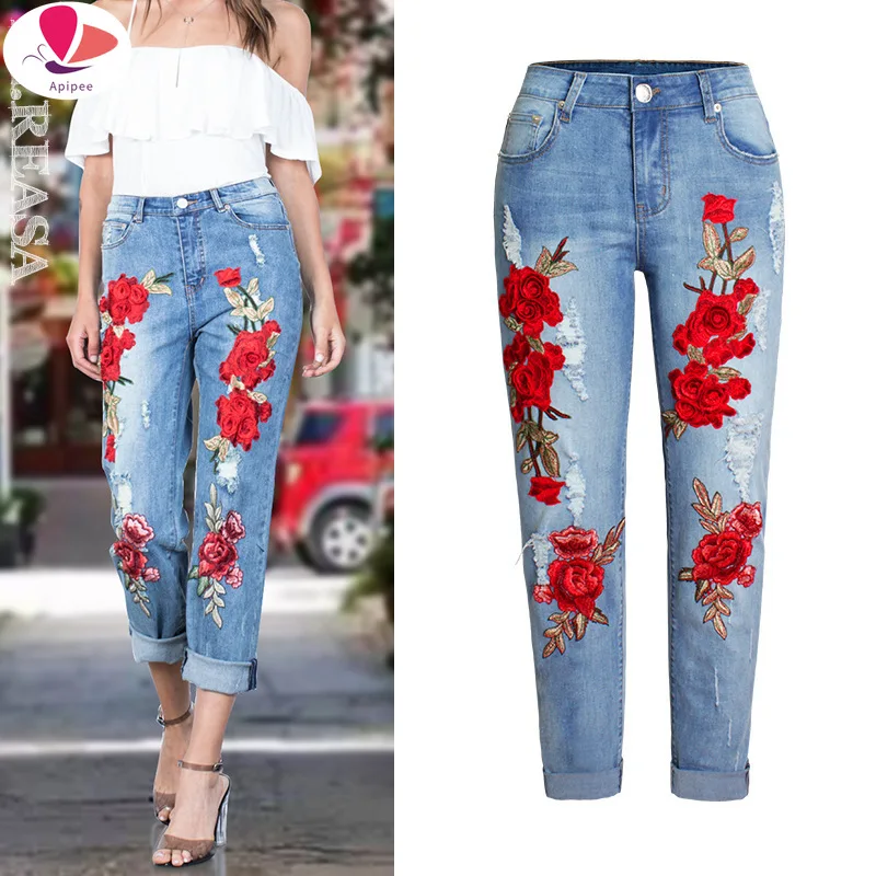 

2024 Ladies High Waist Mom Female Floral Jeans For Women Trousers Denim Pencil Pants Ripped Jeans Woman Straight Mujer Femme
