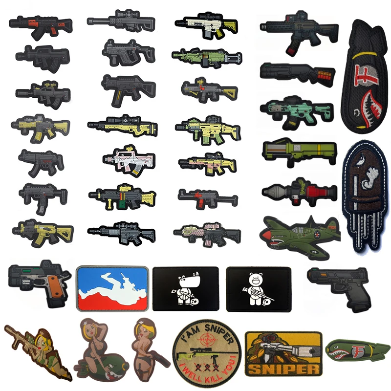 PVC Rubber 3D Pistol Rifle Guns MK AK AK47 Weapons Airsoft Hook Patch Fastener Badge Combat for Backpack Jackets Clothing Bag