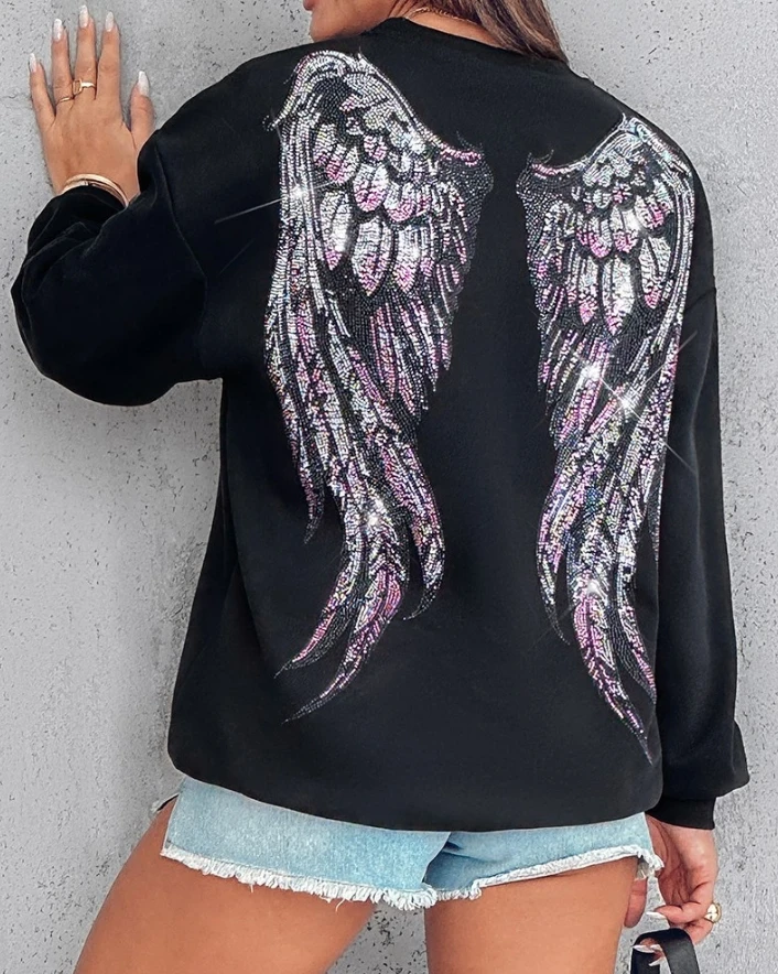 

Women's Hoodie 2024 Autumn Latest Round Neck Rhinestone Letter Wings Pattern Crewneck Sweatshirt Long Sleeve Rhinestone Pullover