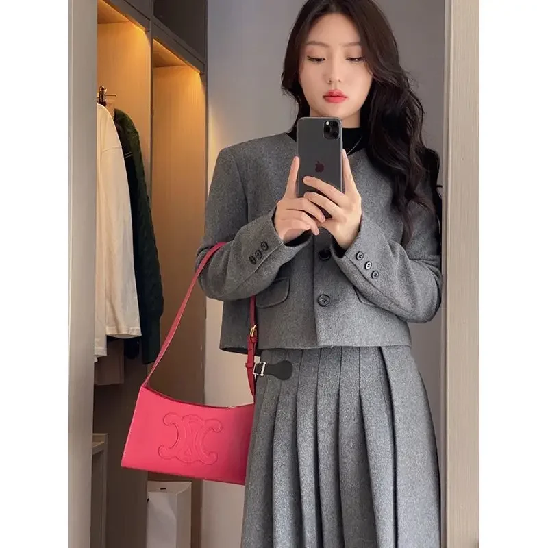 UNXX Autumn/winter British Style Round Neck Woolen Blazer + Pleated Skirt Suit Retro Casual Woolen Coat Skirt Two-piece Suit