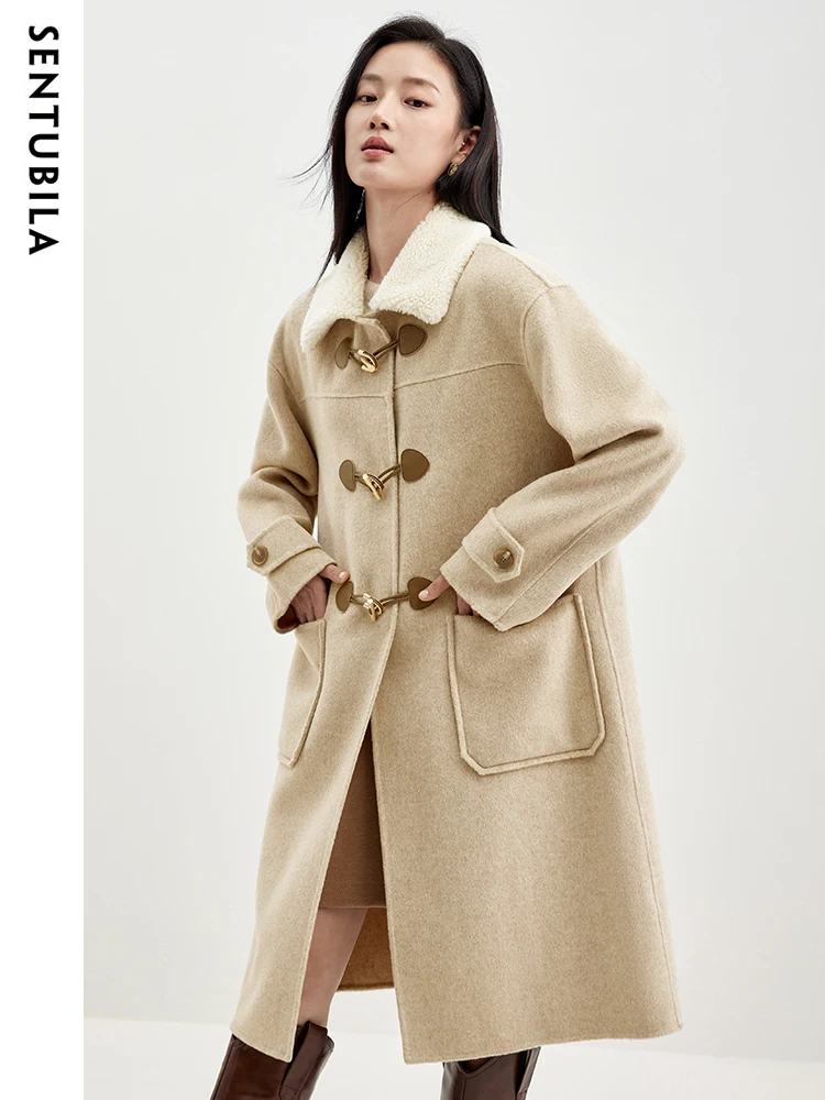 SENTUBILA Winter Double Sided Woolen Coat Women 100% Wool Jackets Female Lapel Horn Button Warm Big Pocket Overcoat W34O49907