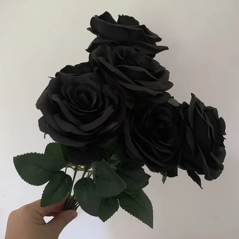 9Heads Roses Bouquet Artificial Flower black pink Rose Fake Rose Living Room  Decoration Wedding