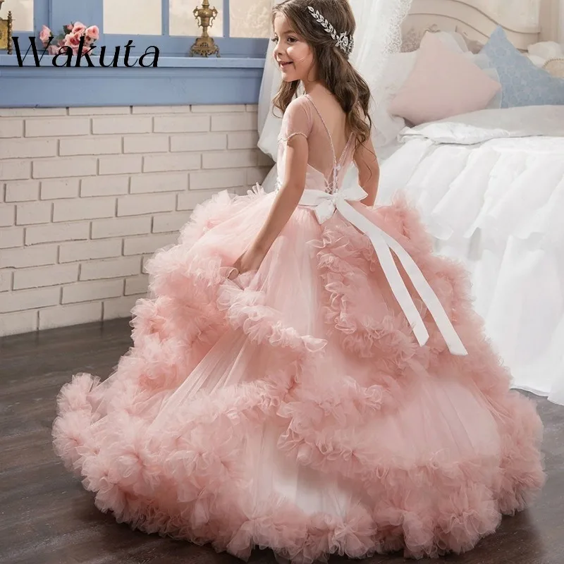 Wakuta-Vestido De gasa sin mangas con cuello redondo para niño, bata De princesa, mopa De plumas, velo esponjoso, Vestido De noche para Fiesta