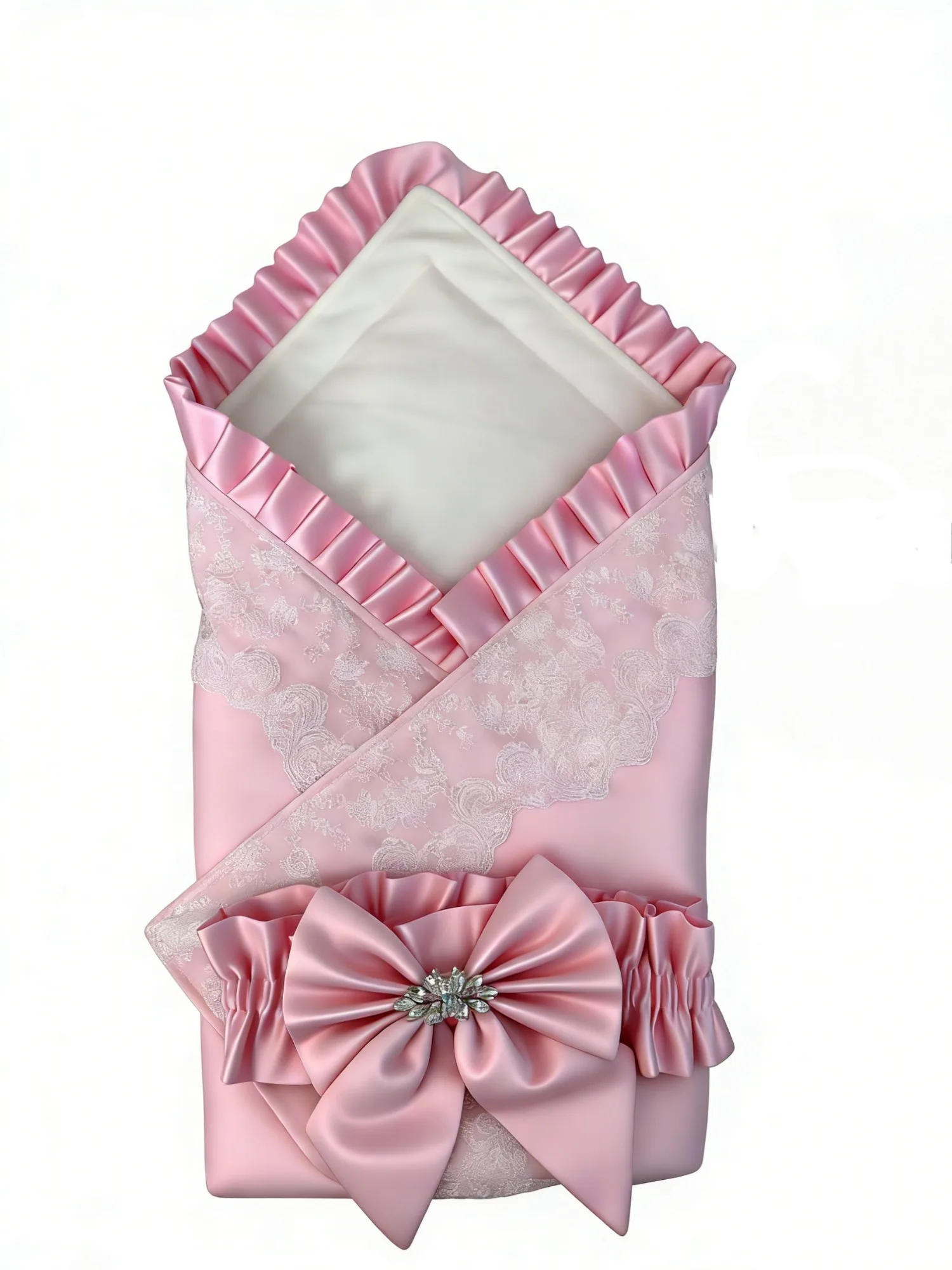 

Роскошное розовое пеленание для новорожденных - кружевное одеяло с жемчугом и бантом для крещения ребенка