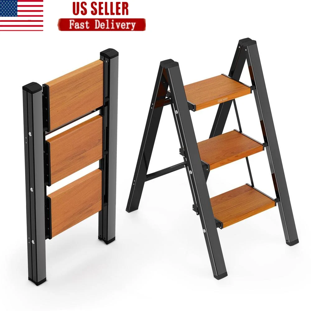 Portable Folding Step Stool Ladder Anti-Slip Feet Wide Pedals 300lb Capacity Home Kitchen Adults Black/Wood Grain Indoor/Outdoor