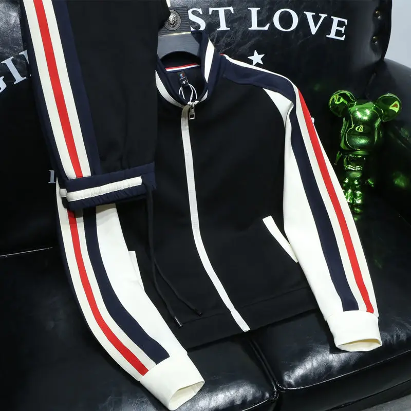 

Осенне-зимний свитер с воротником-стойкой, мужской костюм для спорта и отдыха, облегающий персонализированный кардиган, брюки, комплект из двух предметов