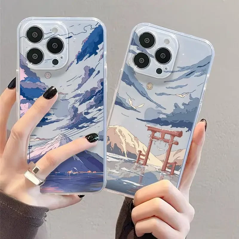 Anime Scenery Phone Case for IPhone 11 13 12 15 Pro XS MAX Mini 7 8 14 Plus SE20 X XR Cartoon Landscapes Clear Cover Fundas Skin image 5