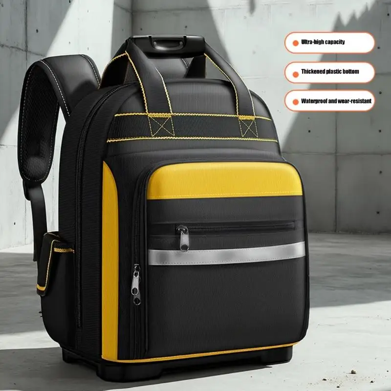 Tool Storage Backpack with Structured Plastic Base, Thick Fabric Body and Zippered Compartments for Maintenance and Repair D2RD