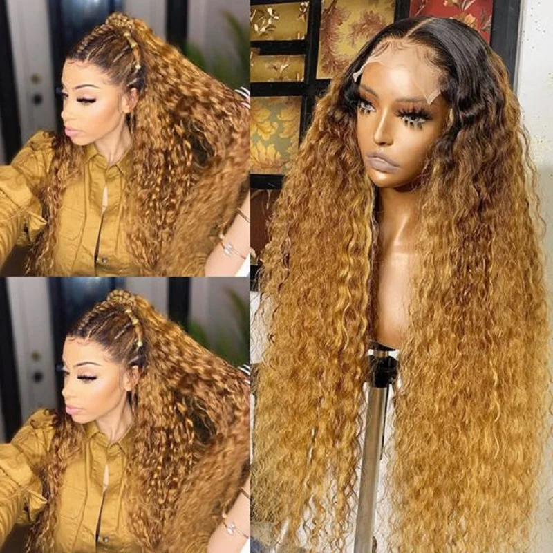 

Long Glueless Soft 26inch 180 Density Ombre Blonde Kinky Curly Lace Front Wig For Black Women Babyhair Preplucked Daily