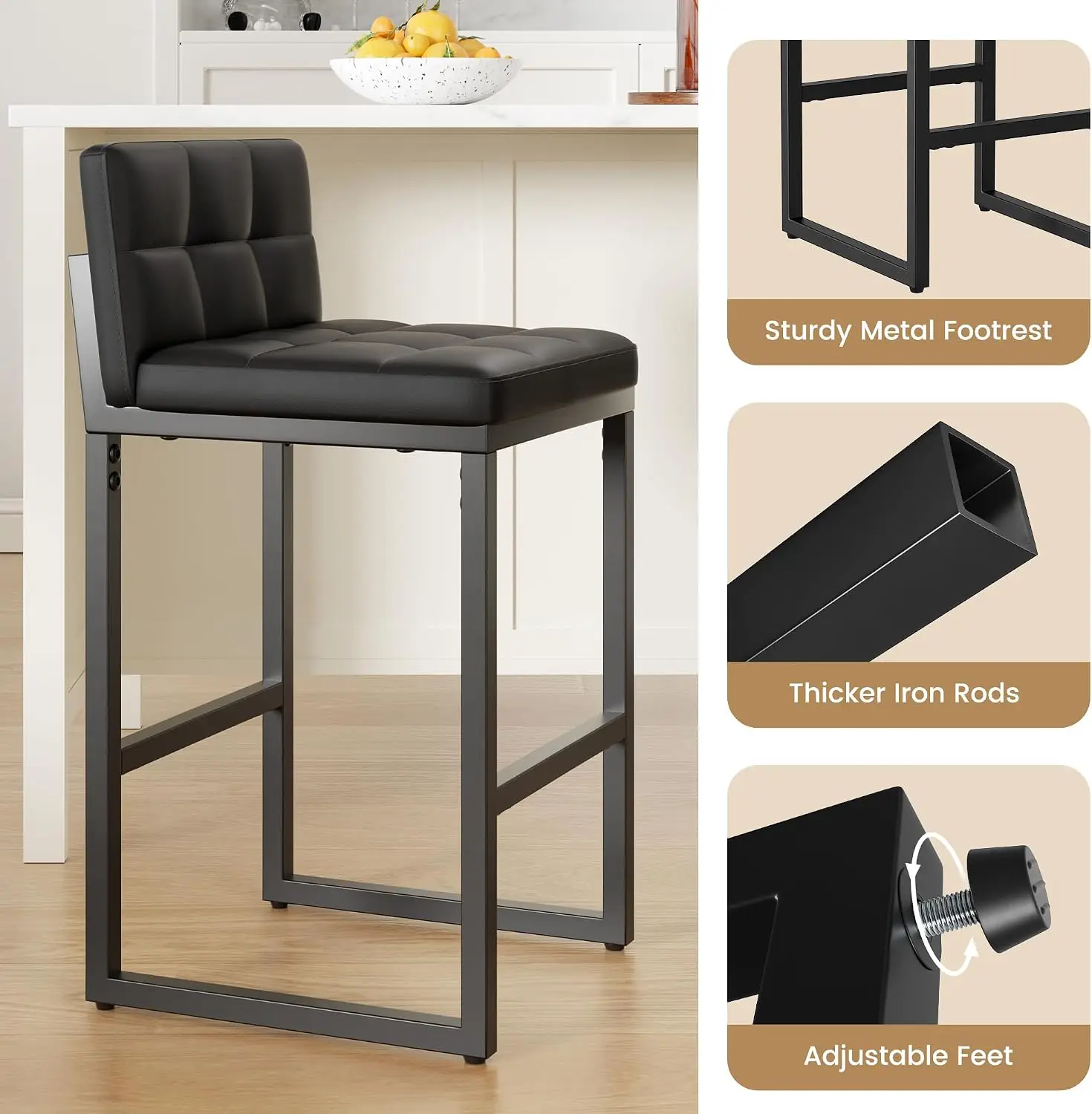 Bar Stools Set of 2, Modern Counter Height Bar Stools, Black | 24" Faux Leather Bar Chairs with Back, Footrest, Sturdy Thickened view 6