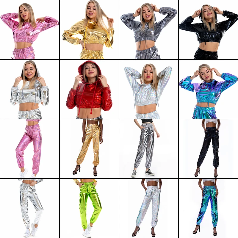 Sexy Cropped Holographic Hoodies Women Shiny PU Metallic Hoody Long Sleeve Sweatshirts Clubwear Pants Club Dancewear