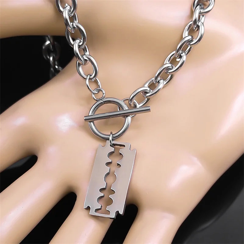 Punk Razor Blade Pendant Necklace Bracelet for Women Silver Color Stainless Steel Male Shaver Shape Chain Jewelry Set NFF52S02