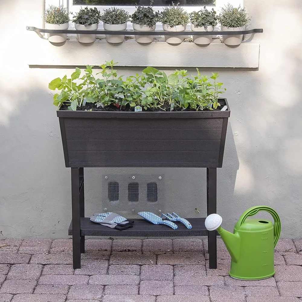 14,5 x 32,25 x 31,12 cala Podwyższona skrzynka na sadzarkę, podwyższone i odporne na warunki atmosferyczne łóżko ogrodnicze z tkanej wikliny z nogami i otworem odpływowym