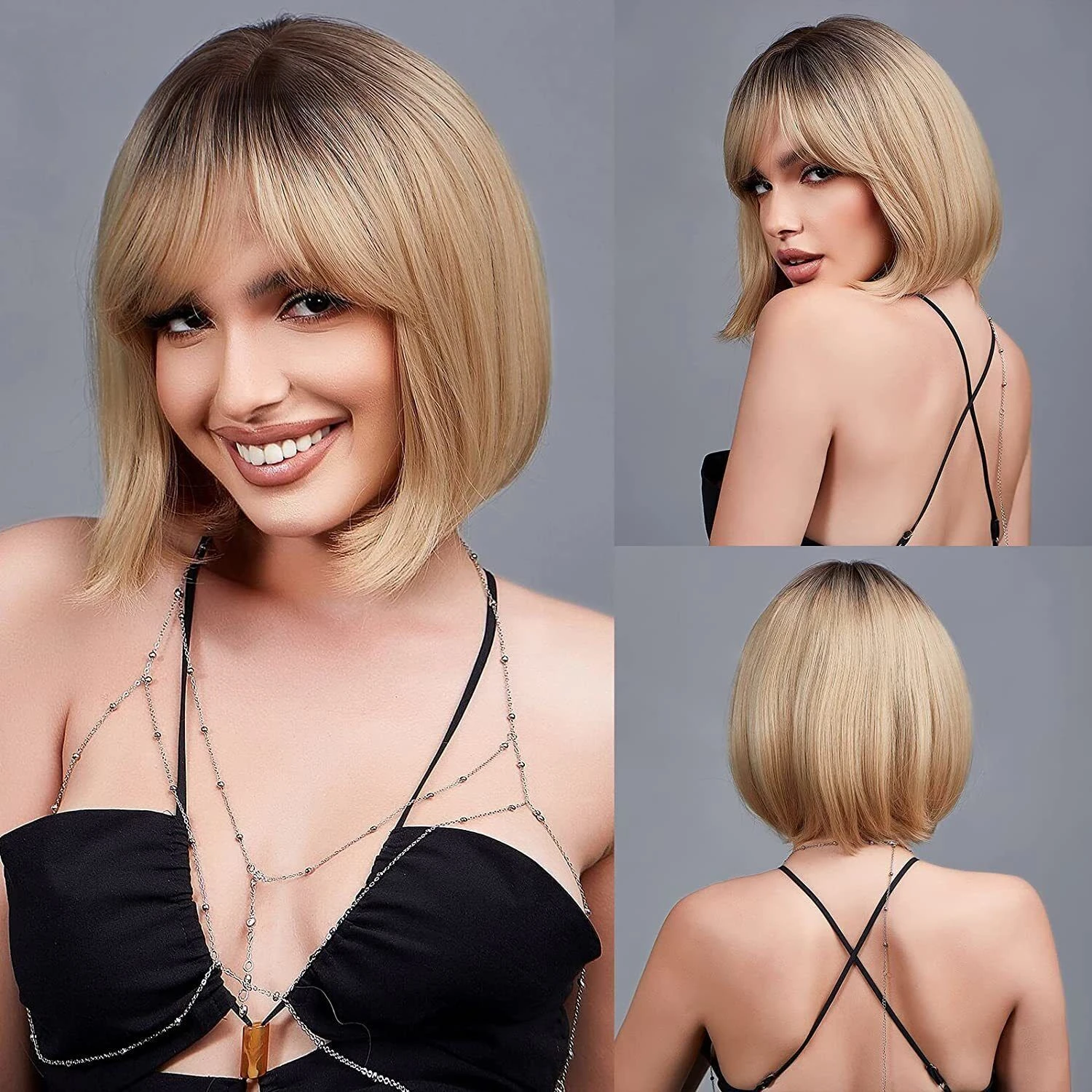 

for Women Short Straight Dark Root Ombre Blonde Hair Wigs with Bangs