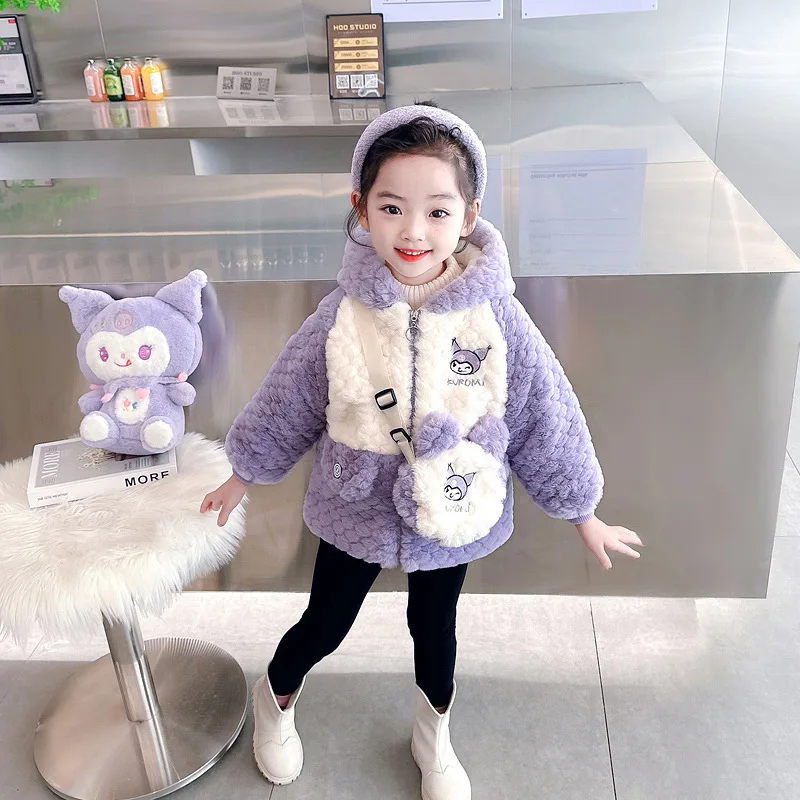 Kuromi Sanrios Cotton Clothes Girl Plus Velvet Coat Autumn Winter Kawaii New Child Clothing Keep Warm Hooded Woolen Sweater