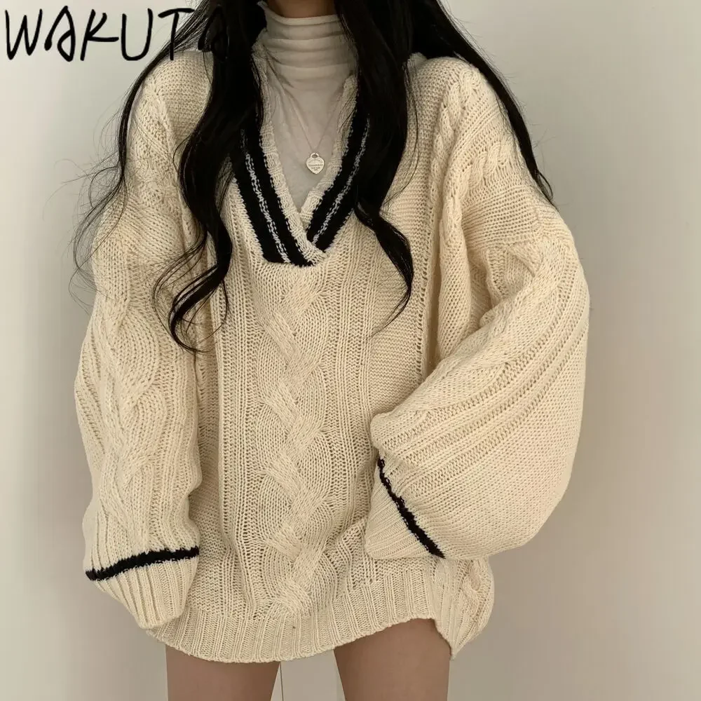 

WAKUTA Korean 2024 Women Sweater Oversized V Neck Puff Long Sleeve Pullovers Autumn Winter Vintage Thicken Knitted Tops Elegant