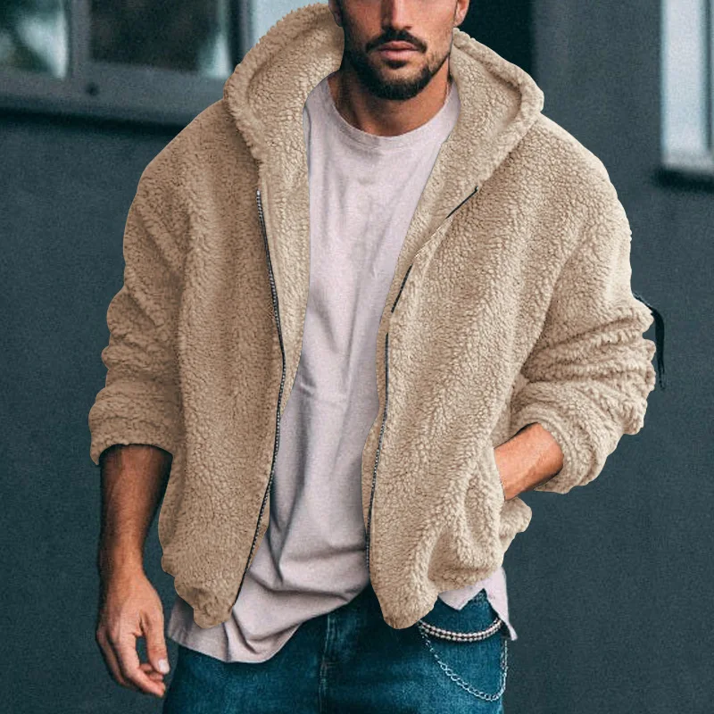 New Men\'s Casual Jacket Fashion Hooded Coat Autumn Winter Arctic Velvet Solid Loose Plush Warm Jacket High Street Coat Male