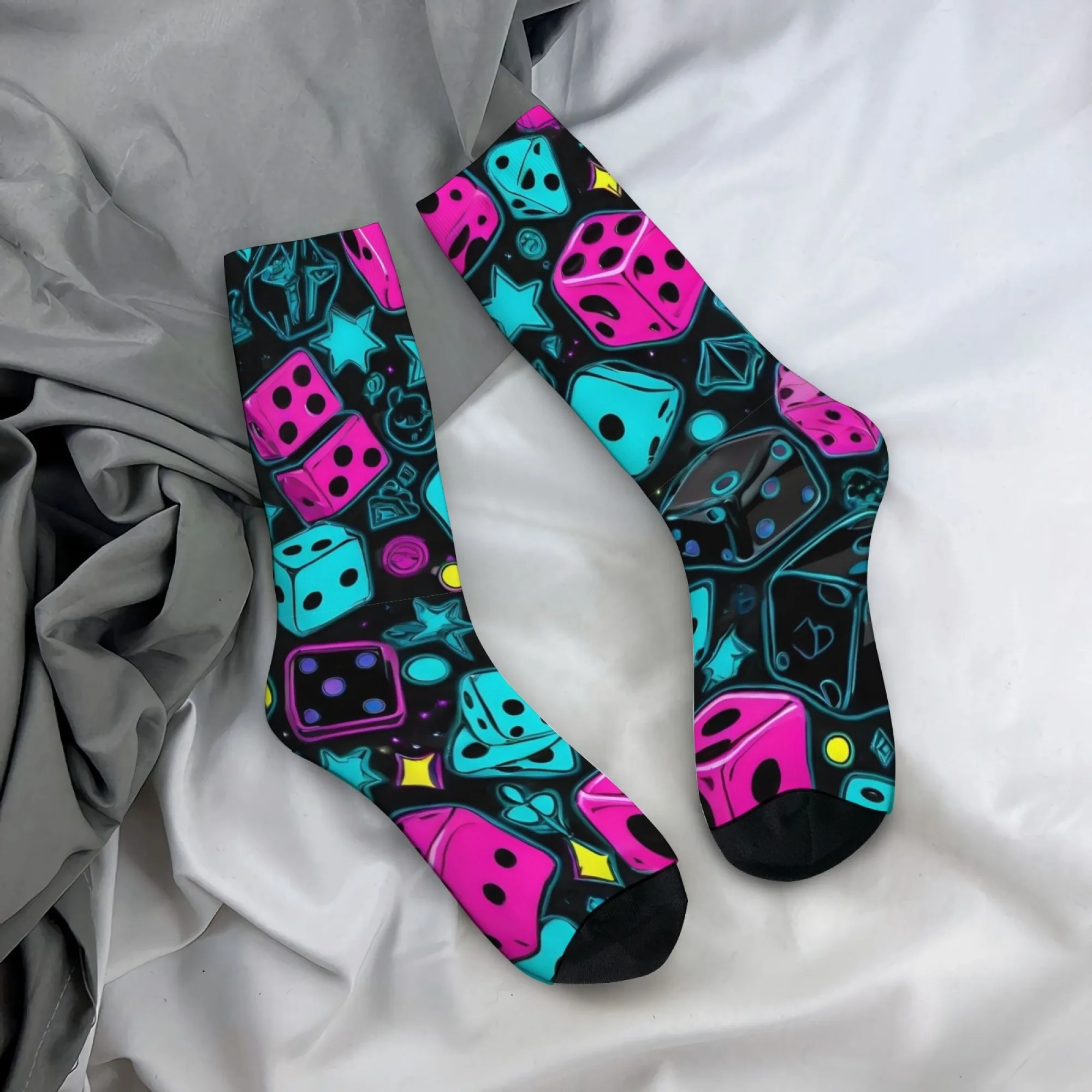 

Street-style Fluorescent Graffiti Dice Print Men's Mid-calf Socks Neon Energetic and Dynamic Nightclub Party Style Soft Socks