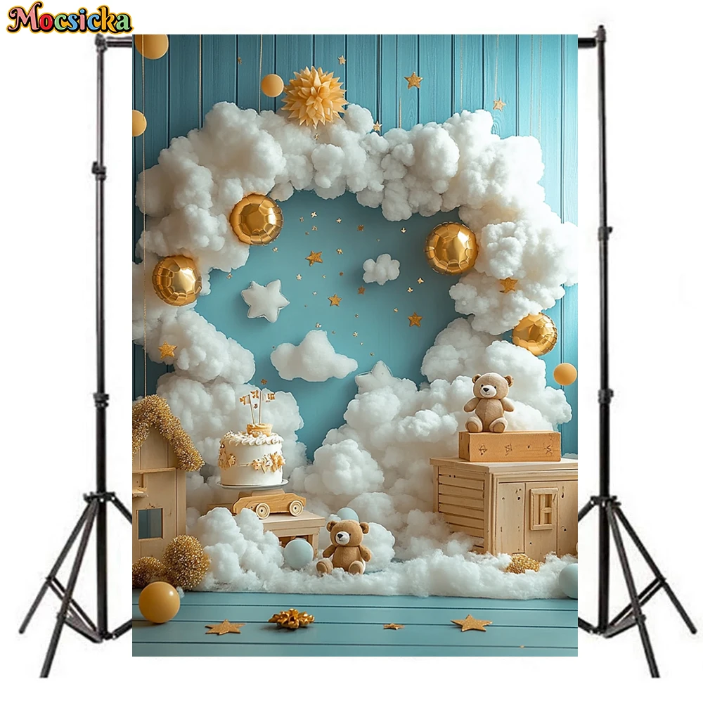 Mocsicka Blue Wall Photography Background Cloud Bear Pattern Decorations Adult Children Newborn Birthday Backdrops Studio Banner