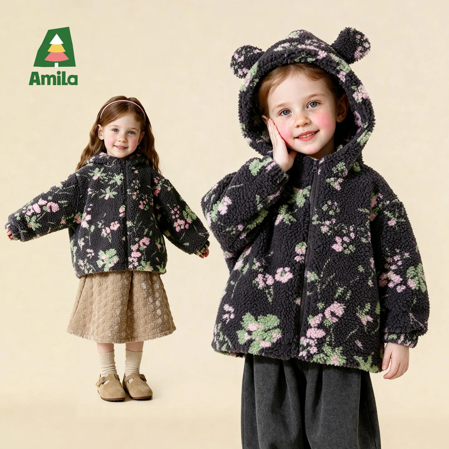 Amila 2026 Winter Children's Polar Velvet Hoodie With Warm Bear Ears And Zipper, Fun And Authentic Bear/Flower Pattern Available