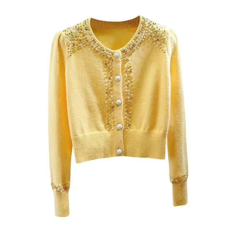 Women\'s Sweater 2022 Autumn Winter New O-Neck Knitted Sweater Close-Fitting Beading Pullover Long-Sleeved Cardigan Knitwear Top