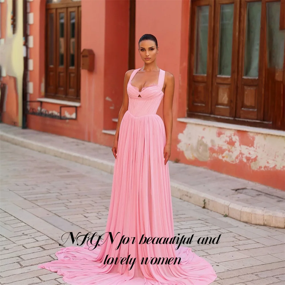

NFYN Pink Chiffon Prom Dresses Spaghetti Strap Sleeveless Gala Dresses Floor Length Saudi Arabic Evening Party Gown Customized