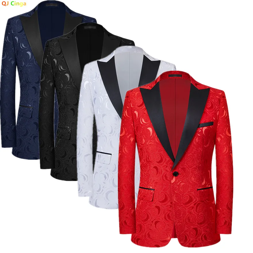 Blue Rose Men Long-sleeved Suit Jacket, Wedding Party Dress Coat, Rose Pattern Jacquard Fabric Blazers, Asian Size M-5XL.