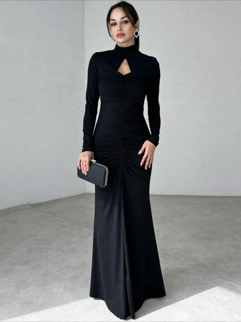 Chic Turtleneck Hollow Out Ruched Party Dresses Women Autumn Winter Folds Bodycon Tunics Evening Long Maxi Dress Purple Black