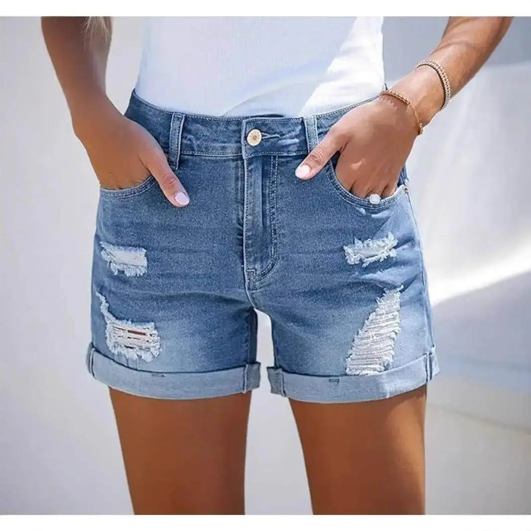 Shorts en jean tendance pour femme, décontractés, à trous, été 2025, coupe ample, longueur trois-quarts, style décontracté transfrontalier