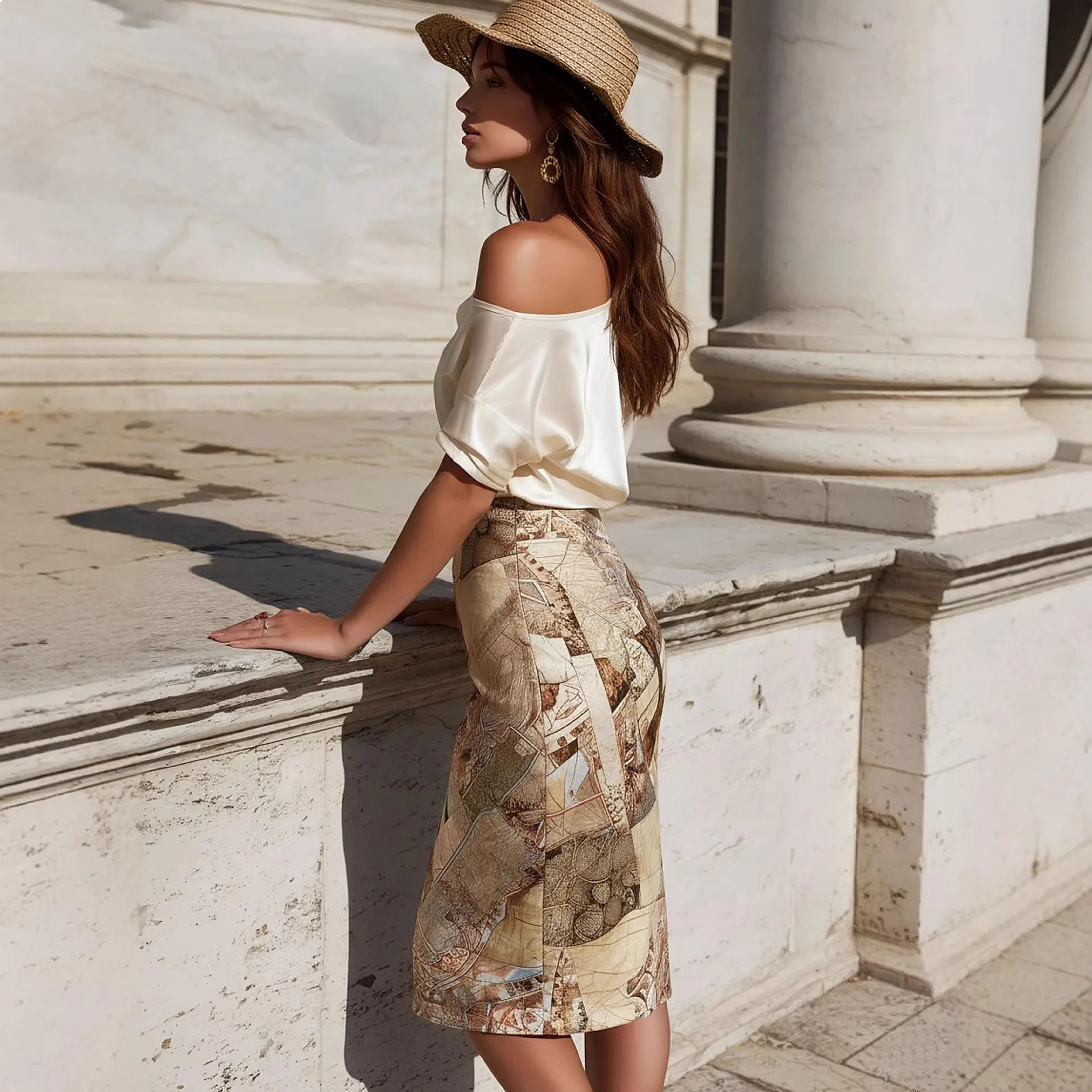 Set One Shoulder Satin Blouse Boho Print Skirt Matching Sets Spring Summer Beige