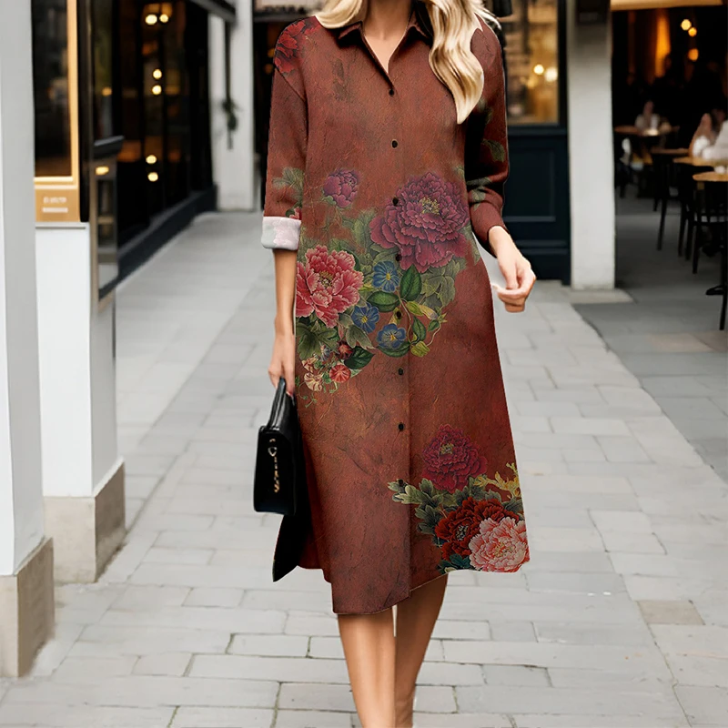 เดรสเชิ้ตพิมพ์ลายดอกไม้สไตล์เรโทรใหม่ปี 2025 สำหรับผู้หญิง ดีไซน์หรูหรา แขนยาว ปกเสื้อเชิ้ต สวมใส่สบายๆ ทรงหลวม เหมาะสำหรับงานกลางคืน