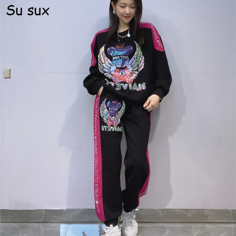 

Cartoon Bear Pullover Patchwork Oversized Pant Sets Woman 2 Piece Set 2025 Autumn Korean Fashion New In Matching Set Streetwear