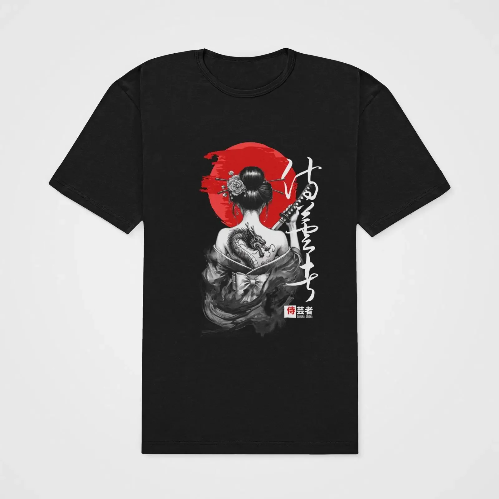 Geisha Samurai T Shirt Calligraphy Detail Black Cotton vintage Washed Breathable Slightly Top For Everyday Wear Casual