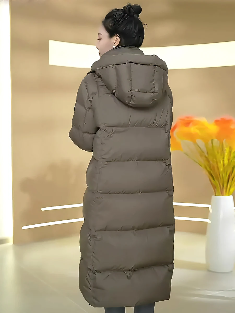 패셔너블 캐주얼 고급 화이트 다운 재킷 여성용 트렌디 후드 스탠드 칼라 롱 코트 2025년 겨울 신상품