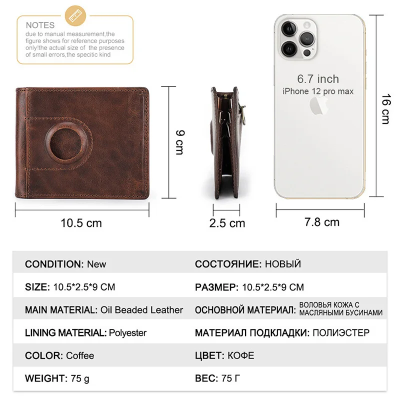 Airtags Wallet Luxury Genuine Leather RFID Zipper Purses Anti-lost ID Credit Card Bag With Apple Airtag Case Folding Men Wallet