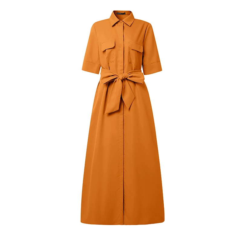 ZANZEA Damska Sukienka Maxi, Modna Długa Koszula-Sukienka Letnia z Półrękawami, z Paskiem, Streetwear 2025, Elegancka, Zapinana na Guziki, Luźna Szata