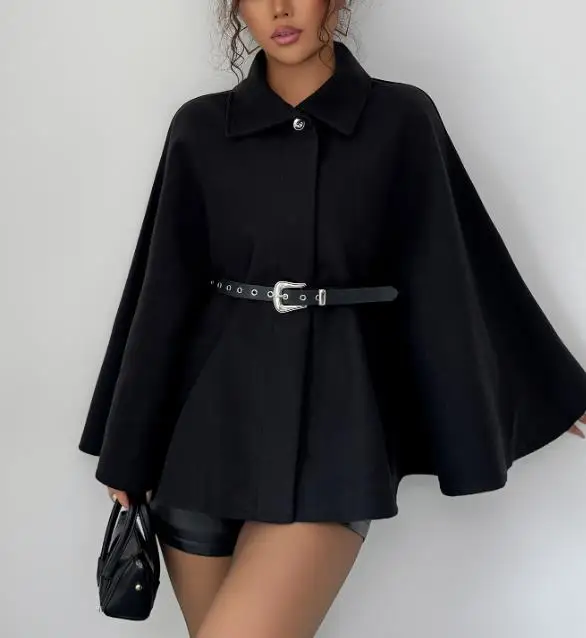 الملابس النسائية 2025 الخريف والشتاء أحدث أنيقة أسلوب بسيط بلون زر معطف واسع الأكمام التنقل معطف الرجعية