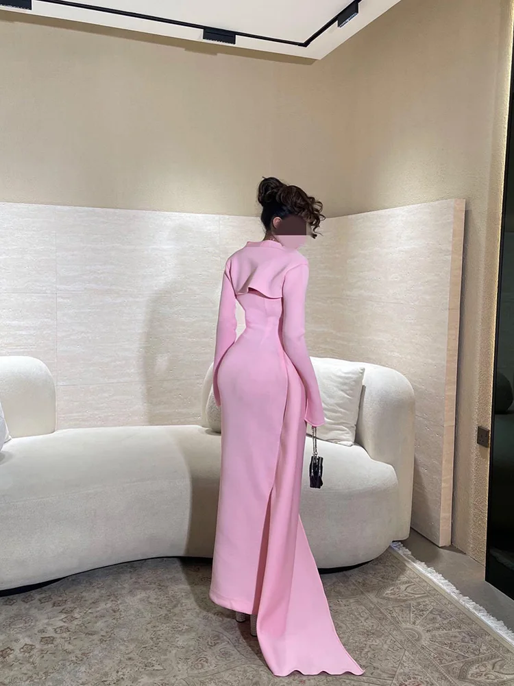 

Elegant Tube Top Bow Lace Up Pleated Dress Sets Solid Color High Waist Dress Fashion Banquet Slim Women's Dress Two Piece Sets