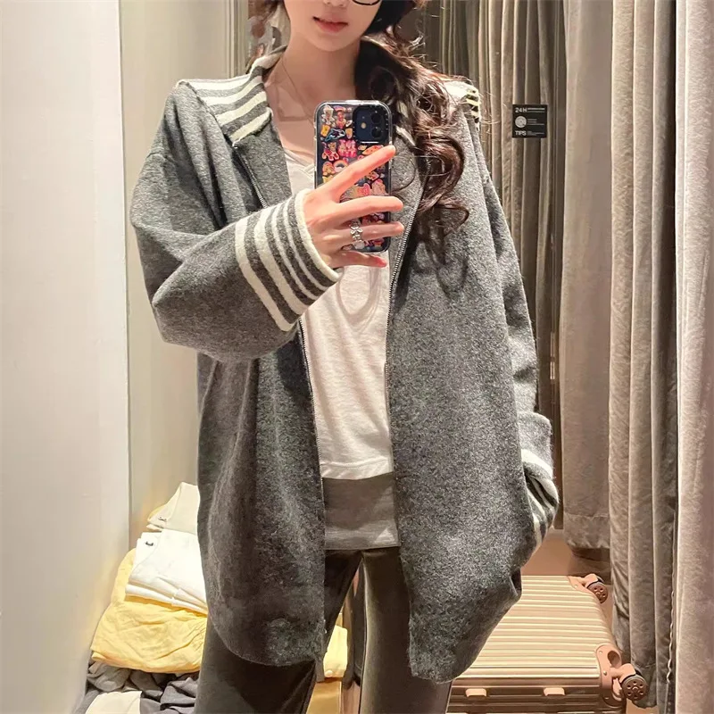 Damski kardigan w paski z kołnierzykiem marynarskim, jesień Y2K Harajuku, obszerny, dzianinowy płaszcz, elegancka kurtka z podwójnym zamkiem błyskawicznym.