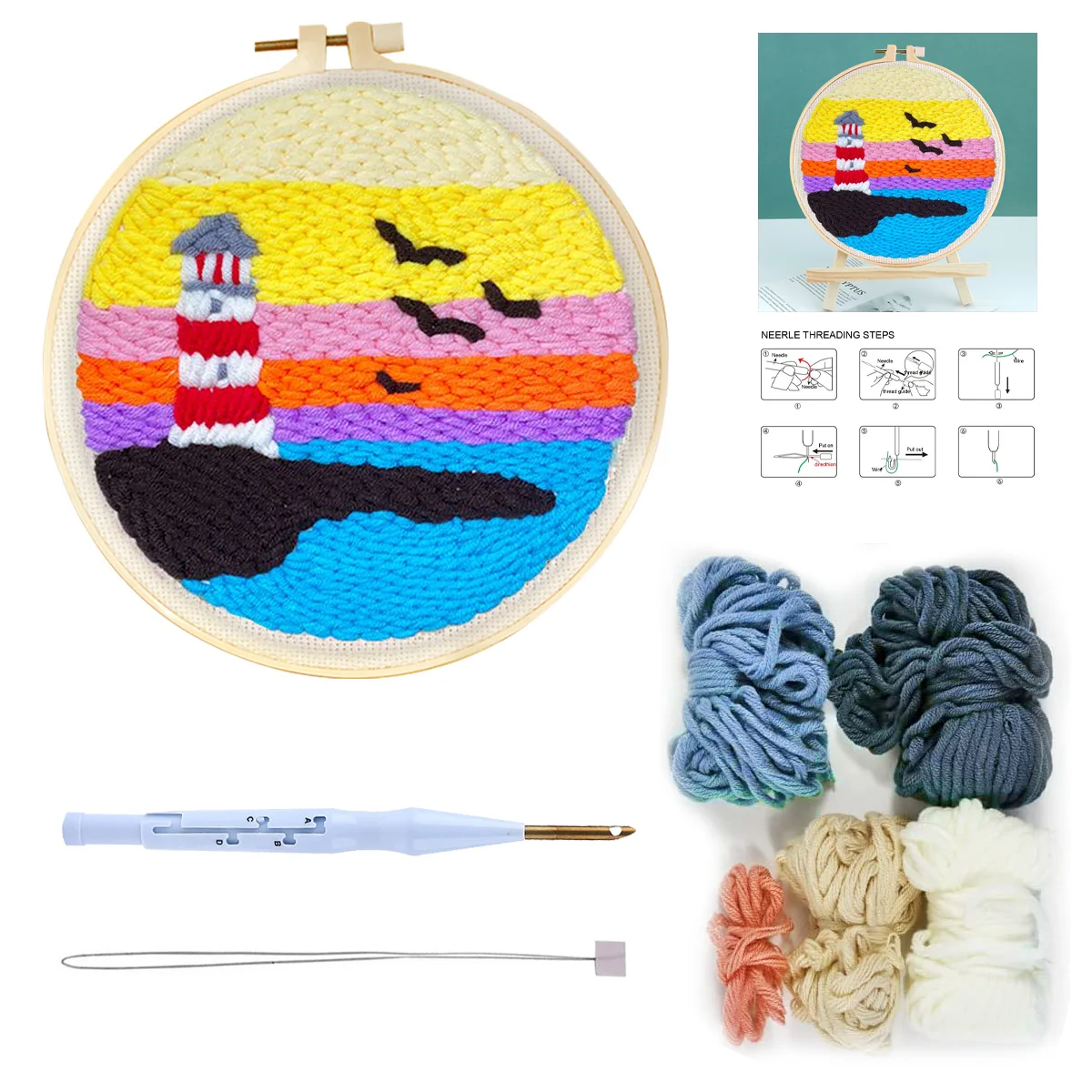 

RUOPOTY Diy Punch Needle Embroidery Starter Kits For Beginner Kids Lighthouse Handicrafts Poking Embroidery Yarn Painting Arts