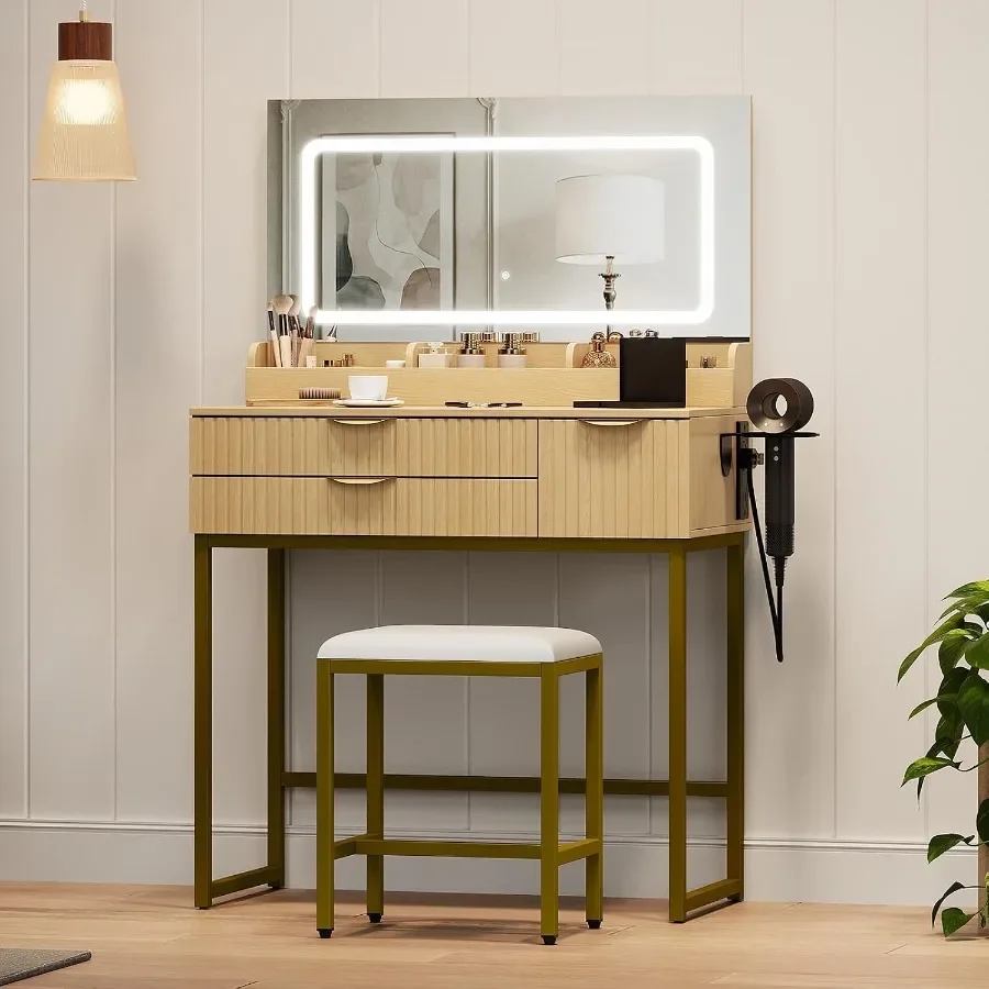 Vanity Desk with 3-Color LED Mirror Outlet, 31 Glass Makeup Table, Natural